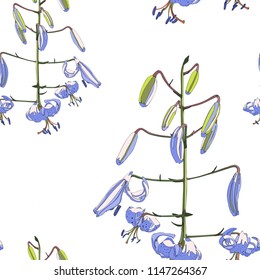 Simple violet lily flowers seamless pattern. Bright colors.