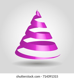 Simple violet ribbon in a shape of Christmas tree. Modern and elegant Merry Christmas theme. 3D vector illustration with dropped shadow and gradient background.