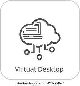 Simple Virtual Desktop Vector Line Icon With Open Laptop.