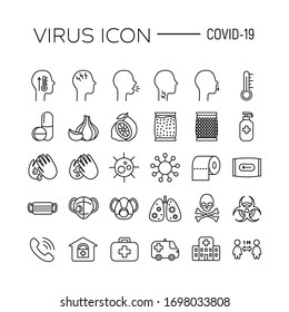 Simple virus line icon set for poster, advertisement, website, news, announcement, declaration. Covid-19,  coronavirus protection. Pandemic, protective measures, corona symptoms, self isolation