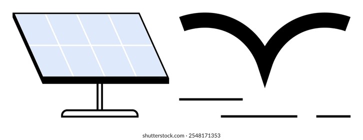 Simple visual of a solar panel with a stylized bird in flight. Ideal for clean energy, sustainability, renewable energy, ecological balance, and nature-inspired technology themes. Minimalist design