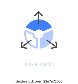 Simple visualised allocation icon symbol with a pie chart and distribution arrows.