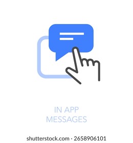 Simple visualised in app messages icon symbol with a human hand tapping on a push notification.