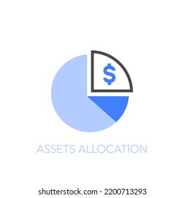 Simple visualised assets allocation icon symbol with a pie chart and a dollar symbol.