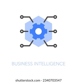 Simple visualised business intelligence icon symbol with a cogwheel connected to several data sources.