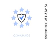 Simple visualised compliance icon symbol with a protect shield and stars around it.