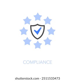 Simple visualised compliance icon symbol with a protect shield and stars around it.