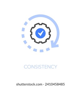 Simple visualised consistency icon symbol with a process arrow divided into some steps and a cogwheel.