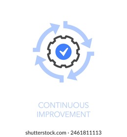 Simple visualised continuous improvement icon symbol with process arrows with an accepted check mark.