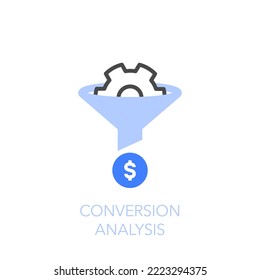 Simple visualised conversion analysis icon symbol with a funnel and a dollar symbol as a monetization symbol.