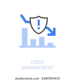 Simple visualised crisis management icon symbol with a declining trend chart and a protective shield.