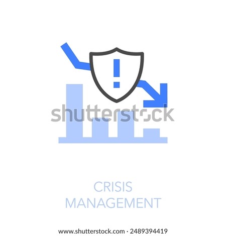 Simple visualised crisis management icon symbol with a declining trend chart and a protective shield.