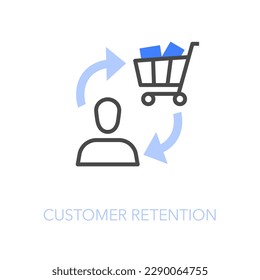 Simple visualised customer retention symbol with a loyal customer and recurring purchase process.