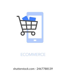 Símbolo de ecommerce visualizado simple con un smartphone y un Carrito de compras.