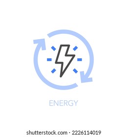 Simple visualised energy icon symbol with an electricity flash and process arrows.