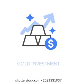 Simple visualised gold investment icon symbol with gold bricks and a growing curve.