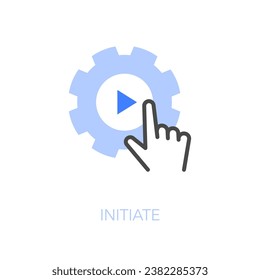 Simple visualised initiate icon symbol with a cogwheel and a human hand starting a process.