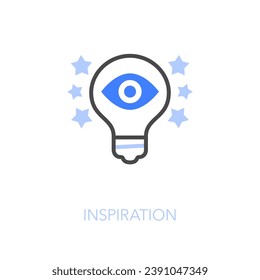 Simple visualised inspiration icon symbol with a shining light bulb and a human eye inside.