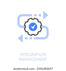 Simple visualised integration management icon symbol with a cogwheel with checkmark and two process arrows.