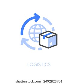 Simple visualised logistics icon symbol with process arrows and a parcel package.