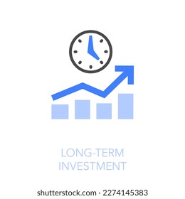 Simple visualised long term investment icon symbol with a growing chart and a clock.