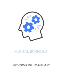 Simple visualised mental burnout icon symbol with a human head and broken cogwheels.