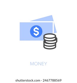 Einfaches visualisiertes Geld-Symbol mit Banknoten und Münzen.	