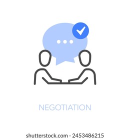 Simple visualised negotiation icon symbol with two people in discussion with positive conclusion.