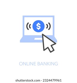 Simple visualised online banking icon symbol with a laptop and a computer mouse cursor.