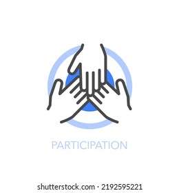 Simple visualised participation icon symbol with three connected hands.