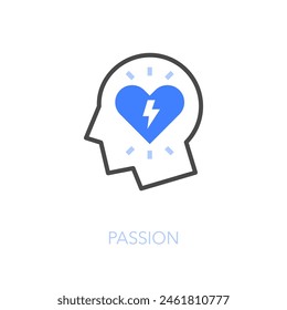 Simple visualised passion icon symbol with a human head and a heart inside.