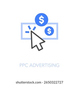 Simples visualizado ppc símbolo ícone de publicidade com um cursor do mouse clicando em um banner e moedas de dinheiro.
