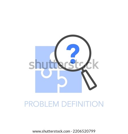 Simple visualised problem definition icon symbol with a jigsaw puzzle and a magnifying glass.