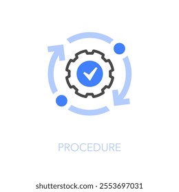 Simple visualised procedure icon symbol with a cogwheel and process arrows.