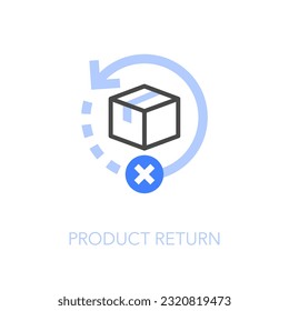 Simple visualised product return icon symbol with a product box and a return process arrow.