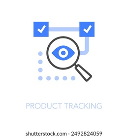 Simple visualised product tracking icon symbol with stages of product tracking progress bar and a magnifier with a human eye.