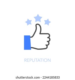 Sencillo símbolo de icono de reputación visualizada con un pulgar hacia arriba y tres estrellas.