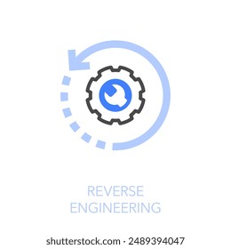 Einfaches visualisiertes Reverse Engineering-Symbol mit einem Pfeil nach hinten und einem Zahnrad.