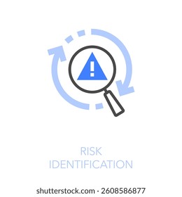 Simple visualised risk identification icon symbol with process arrows and a reviewing magnifying glass with a warning symbol.