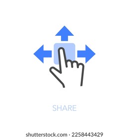 Simple visualised share icon symbol with a hand touching a button with distribution arrows.