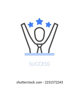 Simple visualised success icon symbol with a happy person with hands up and stars.