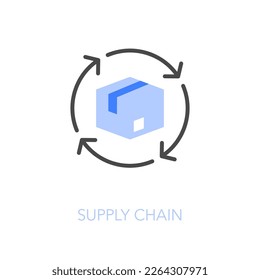 Simple visualised supply chain icon symbol with a product box and a process arrows.