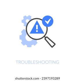 Sencillo símbolo de icono visualizado de localización de averías con ruedas cognitivas de proceso y un problema determinante de la lupa.