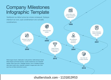 Simple visualization for company milestones timeline template with white circles and stroke icons on a curved road line - blue version. Easy to use for your website or presentation.