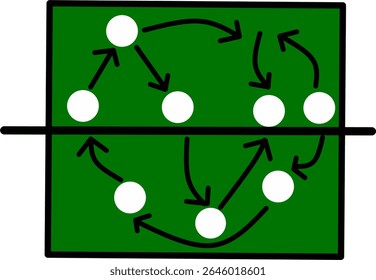 Simple volleyball court diagram with player positions and movement arrows. Ideal for coaching, strategy planning, training sessions, and volleyball education illustrations or materials.