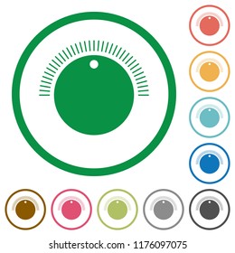 Simple volume control flat color icons in round outlines on white background