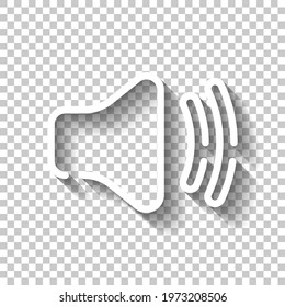 Simple volume icon, audio speaker, sound symbol. White linear icon with editable stroke and shadow on transparent background