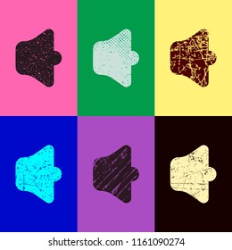 Simple volume max. Pop art style. Scratched icons on 6 colour backgrounds. Seamless pattern