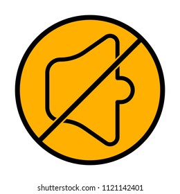 Simple volume mute. Linear, thin outline. not allowed, black object in warning sign with orange background color