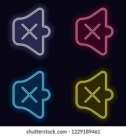 Simple volume mute. Linear, thin outline. Set of neon sign. Casino style on dark background.